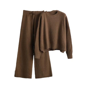 Women Basic Knitted Loose Pants and O Neck Sweater Suit Warm Sets Tracksuits Pullover Two Piece Dark Brown One Size