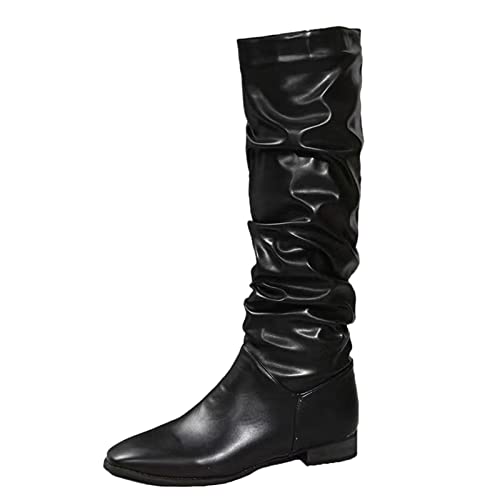 Women's Knee High Fold over Wedge Heel Long Shark Boots Pull on Pointed Toe Shoes Stretchy Fashion Chunky Heel Boots