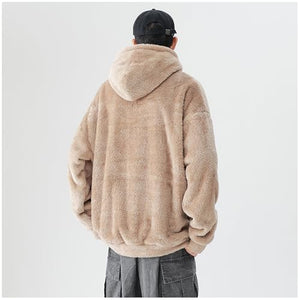 Fuzzy Fleece Hoodies for Men Winter Soft Comfy Furry Plush Sweatshirt Baggy Padded Thermal Sherpa Pullover Sweatshirt Khaki