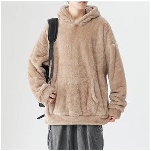 Fuzzy Fleece Hoodies for Men Winter Soft Comfy Furry Plush Sweatshirt Baggy Padded Thermal Sherpa Pullover Sweatshirt Khaki