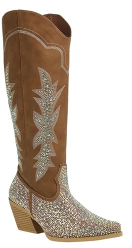 Forever Link Women Rhinestone Western Cowboy Pointed Toe Knee High Pull-on Boots Creek-19 Brown 6