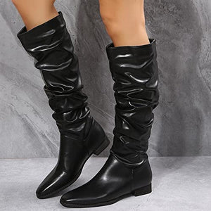 Women's Knee High Fold over Wedge Heel Long Shark Boots Pull on Pointed Toe Shoes Stretchy Fashion Chunky Heel Boots