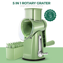 Cargar imagen en el visor de la galería, SUSTEAS Rotary Cheese Grater with Handle - Vegetable Shredder with 5 Well-designed Blades &amp; Strong Suction Base,Round Mandoline Slicer &amp; Food Chopper for Kitchen,with Blade Storage Box(Retro Green)
