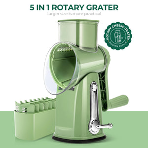 SUSTEAS Rotary Cheese Grater with Handle - Vegetable Shredder with 5 Well-designed Blades & Strong Suction Base,Round Mandoline Slicer & Food Chopper for Kitchen,with Blade Storage Box(Retro Green)