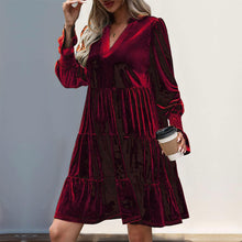 Load image into Gallery viewer, 2024 Women’s Elegant Velvet Long Sleeve Dress Casual Fall V Neck A Line Babydoll Flowy Formal Wedding Party Mini Dress Burgundy
