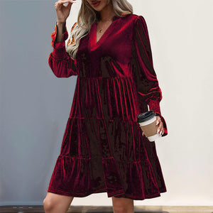 2024 Women’s Elegant Velvet Long Sleeve Dress Casual Fall V Neck A Line Babydoll Flowy Formal Wedding Party Mini Dress Burgundy