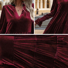 Load image into Gallery viewer, 2024 Women’s Elegant Velvet Long Sleeve Dress Casual Fall V Neck A Line Babydoll Flowy Formal Wedding Party Mini Dress Burgundy
