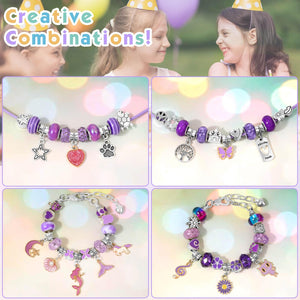 Flasoo DIY Charm Bracelet Making Kit for Girls, Jewelry Making Kit with Unicorn Mermaid Purple Stuff Craft Gift for Birthday, Christmas, New Year