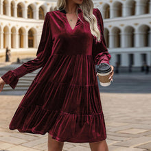 Load image into Gallery viewer, 2024 Women’s Elegant Velvet Long Sleeve Dress Casual Fall V Neck A Line Babydoll Flowy Formal Wedding Party Mini Dress Burgundy
