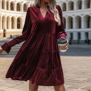 2024 Women’s Elegant Velvet Long Sleeve Dress Casual Fall V Neck A Line Babydoll Flowy Formal Wedding Party Mini Dress Burgundy