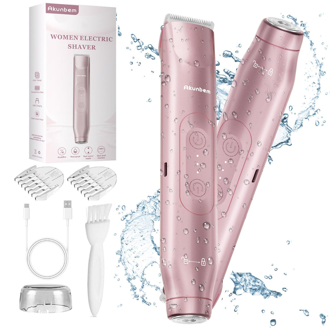 Akunbem 2 in 1 Women Electric Shaver Dual Head Bikini Trimmer for Women IPX7 Waterproof Wet & Dry Use Body Hair Trimmer and Facial Hair Remover for Bikini Underarm Leg Arm Body Face, Pink