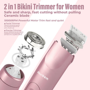 Akunbem 2 in 1 Women Electric Shaver Dual Head Bikini Trimmer for Women IPX7 Waterproof Wet & Dry Use Body Hair Trimmer and Facial Hair Remover for Bikini Underarm Leg Arm Body Face, Pink