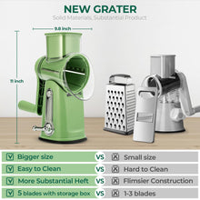 Cargar imagen en el visor de la galería, SUSTEAS Rotary Cheese Grater with Handle - Vegetable Shredder with 5 Well-designed Blades &amp; Strong Suction Base,Round Mandoline Slicer &amp; Food Chopper for Kitchen,with Blade Storage Box(Retro Green)
