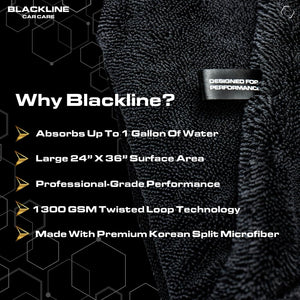 Blackline Drying Towel #1 Rated Car Drying Towel for Car Detailing Streak Free, XL 1300 GSM Premium Ultra Soft Microfiber, Twisted-Loop Microfiber Towels for Cars 24" x 36"