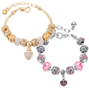 VTEAS 2 Pack Charm Bracelets Pink and Gold Heart Silver Plated Charm Bracelet, DIY Jewelry for Women Gifts, with Beads, Crystal, Charms, Love and Adjustable Snake Chain, Fits 7.5"+1.5"