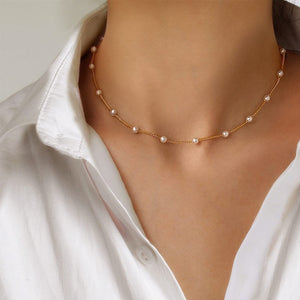 Layered Gold Pearl Necklaces, 14K Gold Plated Dainty Layered Single, Simple Pearl Choker Chain Necklaces for Women Trendy Jewelry Gifts