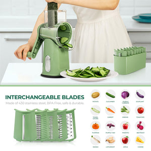 SUSTEAS Rotary Cheese Grater with Handle - Vegetable Shredder with 5 Well-designed Blades & Strong Suction Base,Round Mandoline Slicer & Food Chopper for Kitchen,with Blade Storage Box(Retro Green)