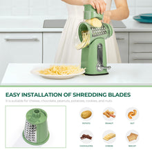 Cargar imagen en el visor de la galería, SUSTEAS Rotary Cheese Grater with Handle - Vegetable Shredder with 5 Well-designed Blades &amp; Strong Suction Base,Round Mandoline Slicer &amp; Food Chopper for Kitchen,with Blade Storage Box(Retro Green)
