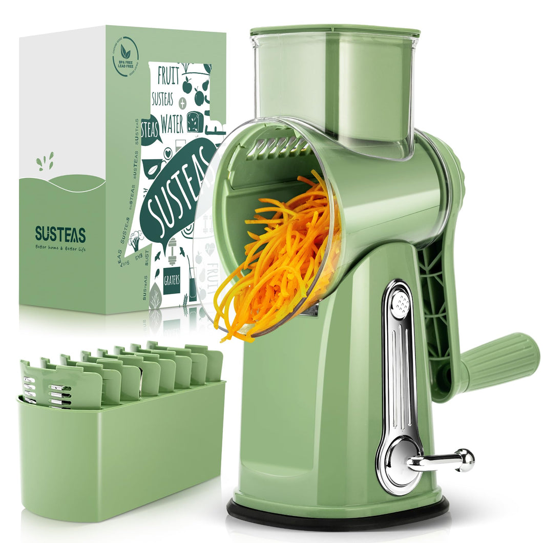 SUSTEAS Rotary Cheese Grater with Handle - Vegetable Shredder with 5 Well-designed Blades & Strong Suction Base,Round Mandoline Slicer & Food Chopper for Kitchen,with Blade Storage Box(Retro Green)