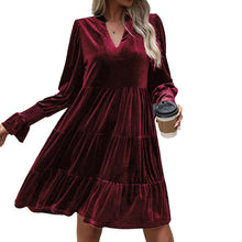 Load image into Gallery viewer, 2024 Women’s Elegant Velvet Long Sleeve Dress Casual Fall V Neck A Line Babydoll Flowy Formal Wedding Party Mini Dress Burgundy
