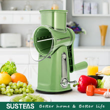 Cargar imagen en el visor de la galería, SUSTEAS Rotary Cheese Grater with Handle - Vegetable Shredder with 5 Well-designed Blades &amp; Strong Suction Base,Round Mandoline Slicer &amp; Food Chopper for Kitchen,with Blade Storage Box(Retro Green)
