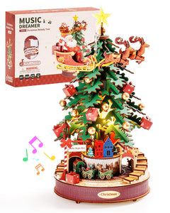 ROBOTIME 3D Puzzles for Adults Wooden Music Box with LED DIY Model Christmas Tree Building Kit for Kids Hobby Crafts Unique Home Decor