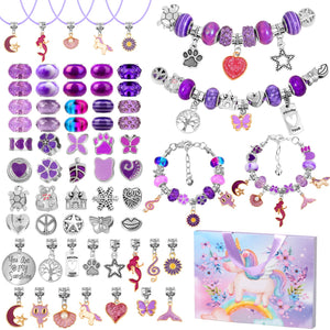 Flasoo DIY Charm Bracelet Making Kit for Girls, Jewelry Making Kit with Unicorn Mermaid Purple Stuff Craft Gift for Birthday, Christmas, New Year