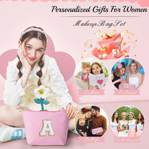 YOOLIFE Christmas Gifts for Girls | Personalized Initial Makeup Bag Pink Cosmetic Bag Travel Toiletry Bag Girlfriend Teacher Gifts 11 12 13 14 15 16 Years Old Girl Gifts Teen Girl Gifts Trendy Stuff A